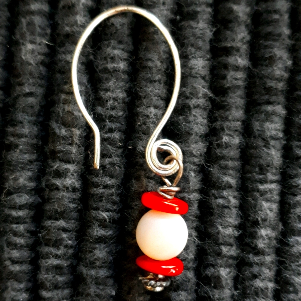 Hand made earrings with red coral and mother of pearl bead